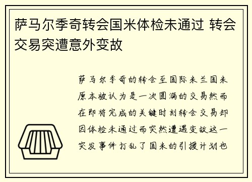 萨马尔季奇转会国米体检未通过 转会交易突遭意外变故